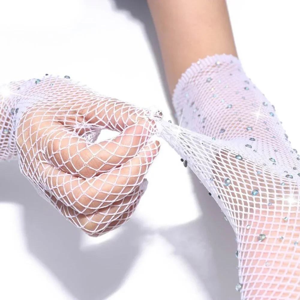 Women's Rhinestone Mesh Rave White Long Gloves Elbow Length Halloween Costume